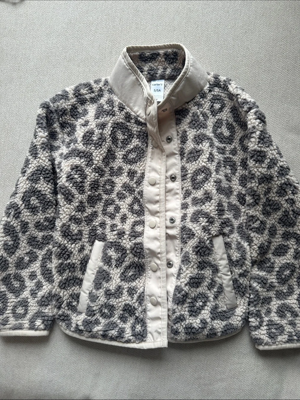 Carter's Cream and Gray Leopard Sherpa Snap Jacket